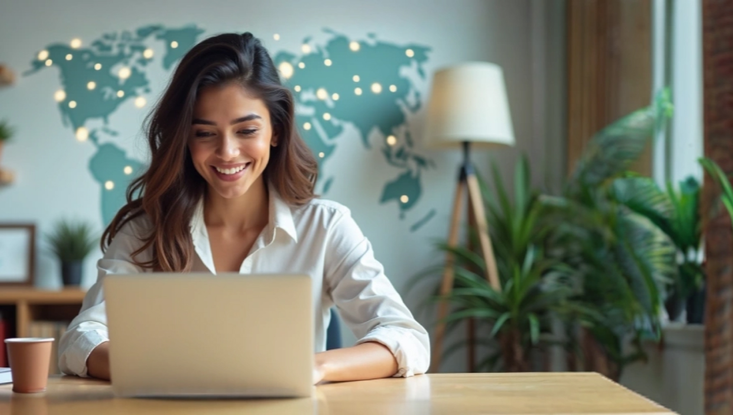 Profesional trabajando en portátil representando estudio online internacional